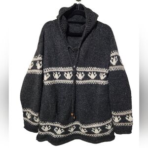 Wool Handmade Knit Heavyweight Hooded Sweater Charcoal Size Men's M Women's XL